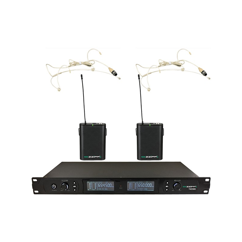 ZZiPP - Set con 2 microfoni (ad archetto) wireless e ricevitore a rack (1ur)