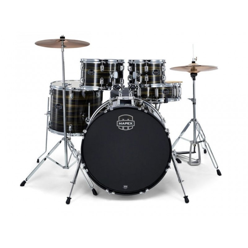 MAPEX - Set Comet Rock 5 pezzi completo di piatti, hardware e seggiolino. Finitura FJ Ebony Yellow Grain