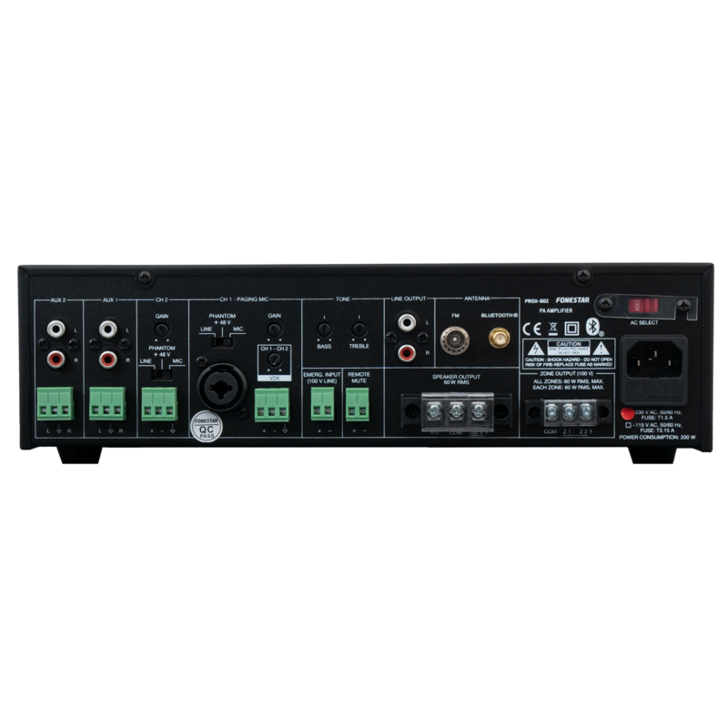 FONESTAR - amplificatore pa con lettore bluetooth®/usb/fm a 2 zone 100V o 4Ohm