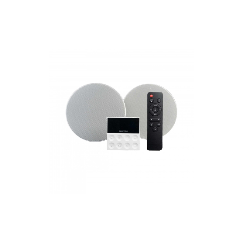 FONESTAR - sistema audio (tutto in uno) che include una coppia di altoparlanti a soffitto e un amplificatore a parete.