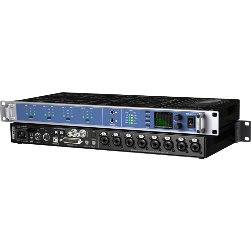 RME - Preamp Microfonico Hi-end 8 canali, conversione A/D 24/192 – 2 ADAT out (fino a 96kHz) 4 AES/OUT (fino a 192kHz), 12 Out stereo analogico, MADI, controllo remoto via USB e MIDI